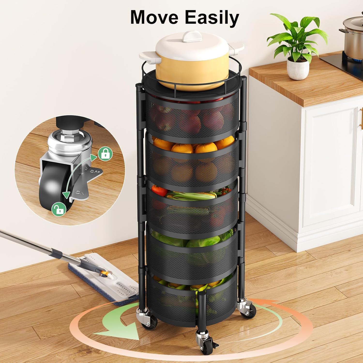 5-Tier Rotating Fruit Basket Storage Rack with 360° Swivel Wheels – Durable Steel Organizer for Kitchen, Snacks, Vegetables & More 🍎🥔 