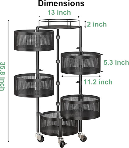 5-Tier Rotating Fruit Basket Storage Rack with 360° Swivel Wheels – Durable Steel Organizer for Kitchen, Snacks, Vegetables & More 🍎🥔 