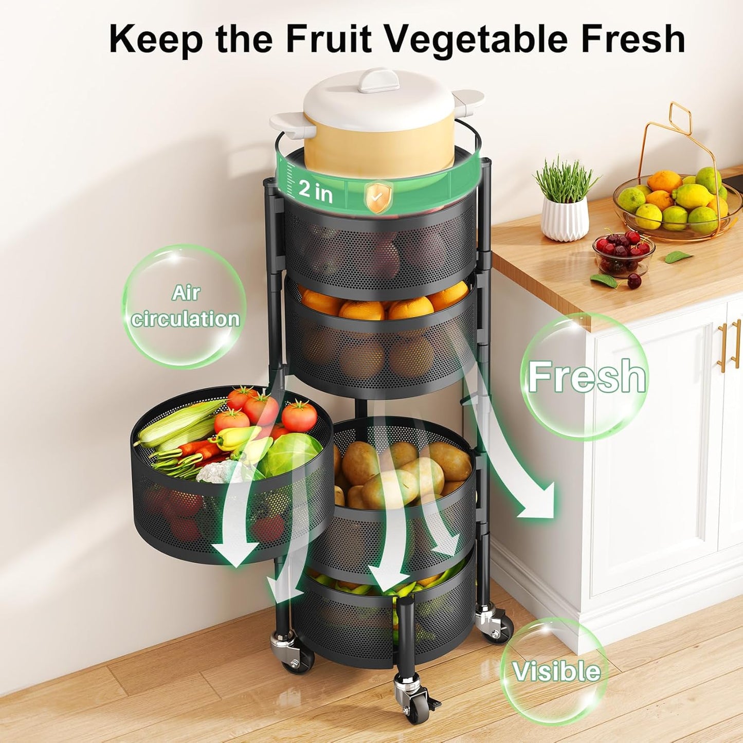 5-Tier Rotating Fruit Basket Storage Rack with 360° Swivel Wheels – Durable Steel Organizer for Kitchen, Snacks, Vegetables & More 🍎🥔 