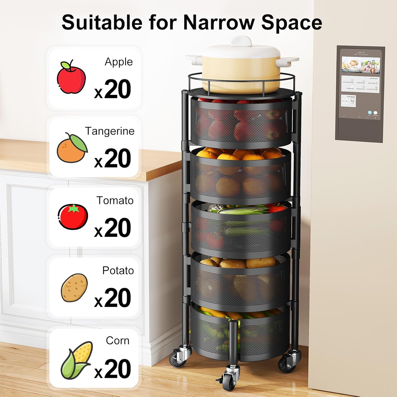 5-Tier Rotating Fruit Basket Storage Rack with 360° Swivel Wheels – Durable Steel Organizer for Kitchen, Snacks, Vegetables & More 🍎🥔 