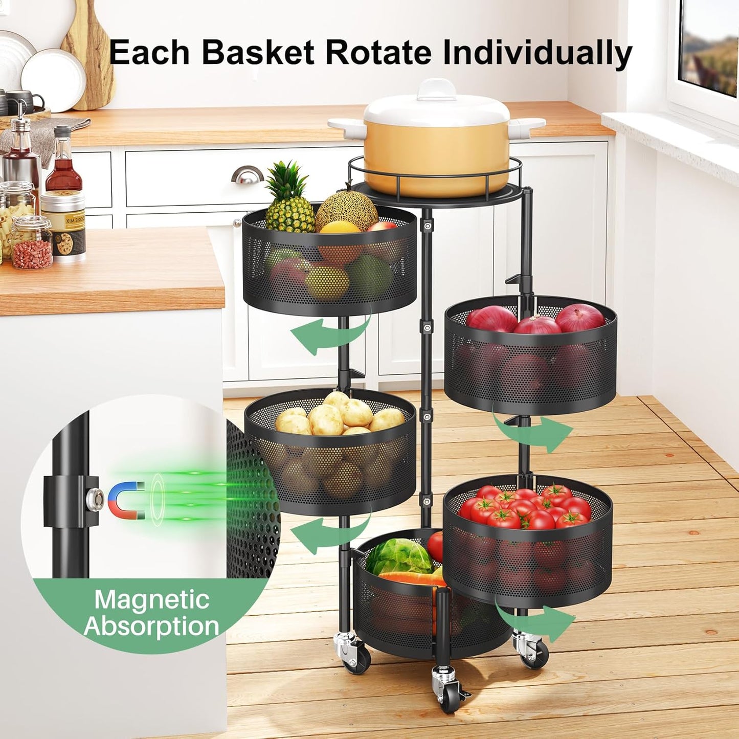 5-Tier Rotating Fruit Basket Storage Rack with 360° Swivel Wheels – Durable Steel Organizer for Kitchen, Snacks, Vegetables & More 🍎🥔 