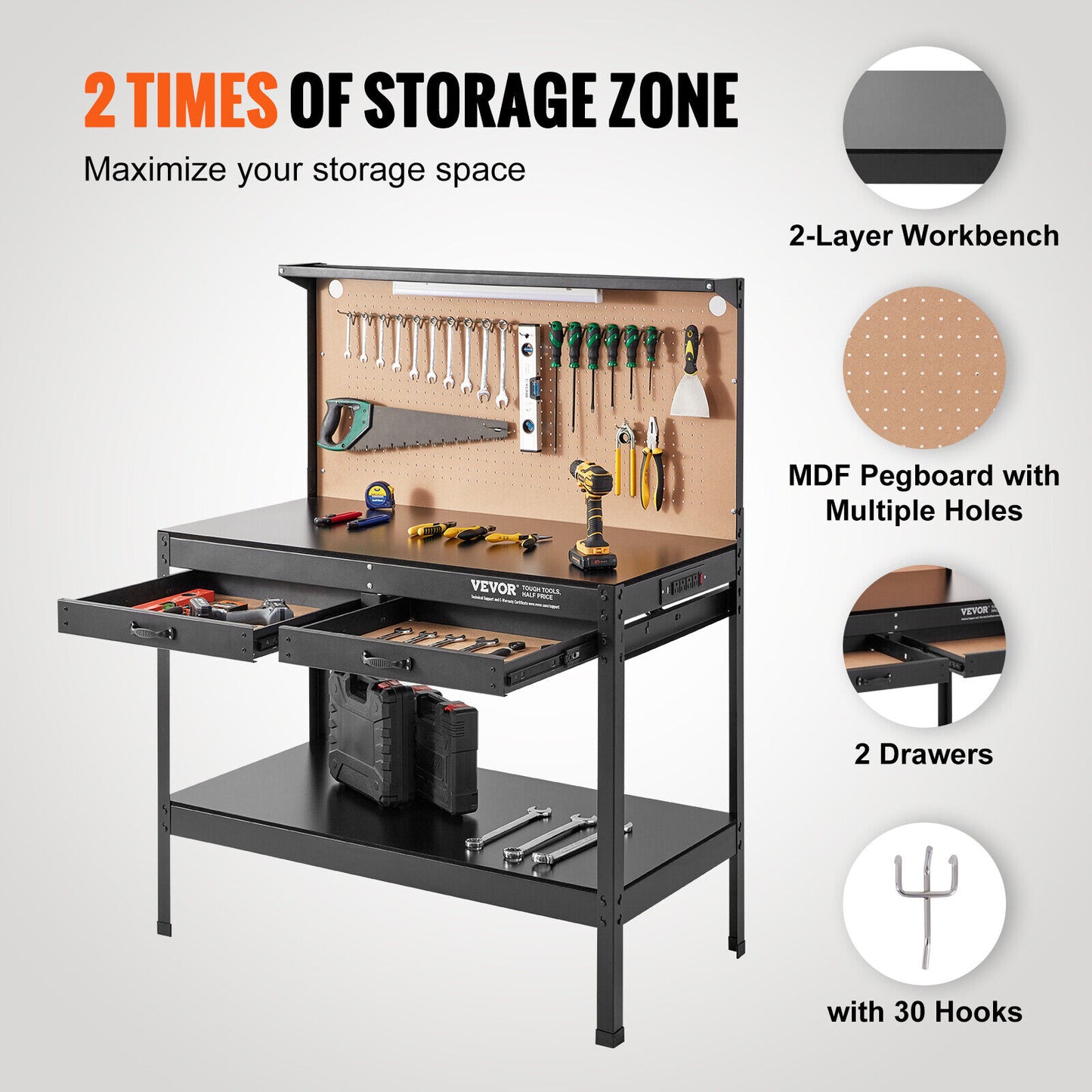 peg board driver Heavy-Duty Steel Workbench with LED Light, Power Outlets, Pegboard & Storage Hooks – 220lbs Capacity, Stable & Durable for Garage 