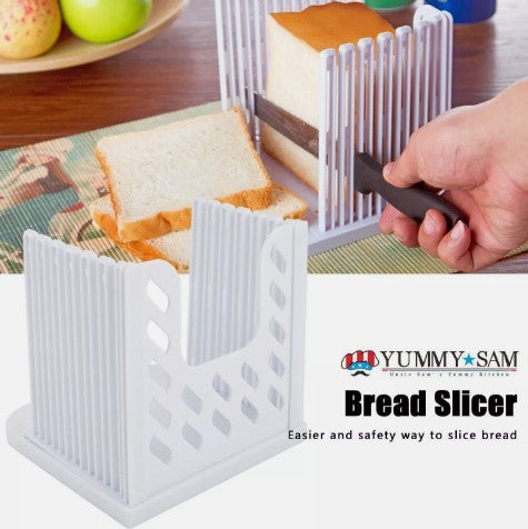 bread slicer, Adjustable Cutting Guide –Foldable Toast Slicer with Crumb Tray Knife Holder Perfect for Homemade Bread Plastic Utensils Kitchen Storage