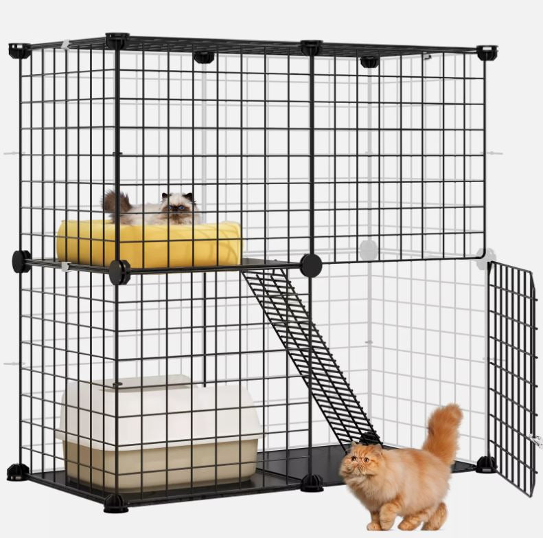 2-Tier Cat Cage Playpen – DIY Indoor Enclosure for 1-2 Cats, Pet Playpen with Stairs, Stable, Durable, Easy to Clean, No-Tool Assembly