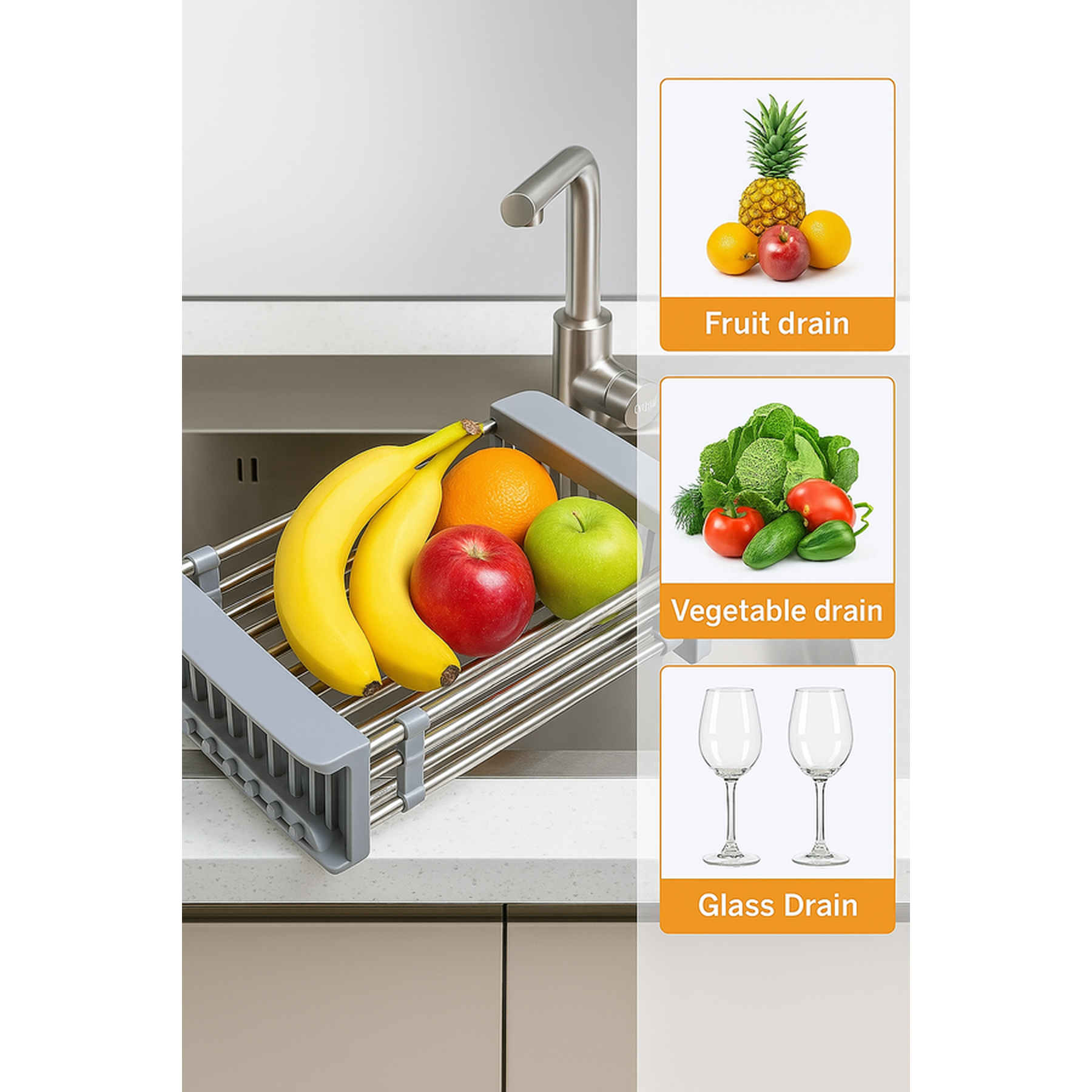 Adjustable Stainless Steel Kitchen Dish Drying Sink Rack Drain Strainer Basket