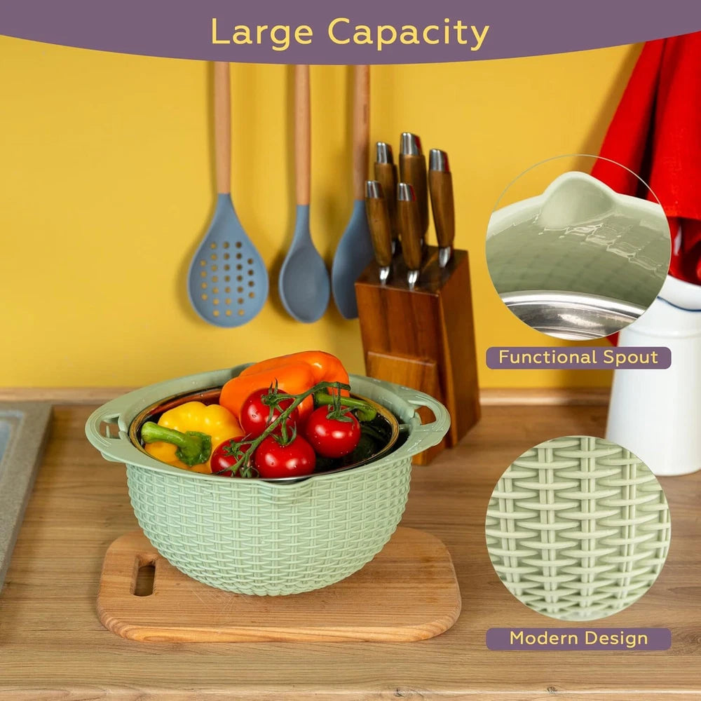 colander, Kitchen Strainer 4-in-1 Set - Rotating Colander, Fruit Bowl, Stainless Steel & Plastic, Utensils Food Prep Metal Sturdy Thick Traditional