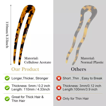 French Hair Pins 3 Pcs  Tortoise Shell U-Shaped Hair Forks, 4.3” Acetate Bun Holder for Elegant Updos, Durable & Lightweight for Weddings & Daily Wear