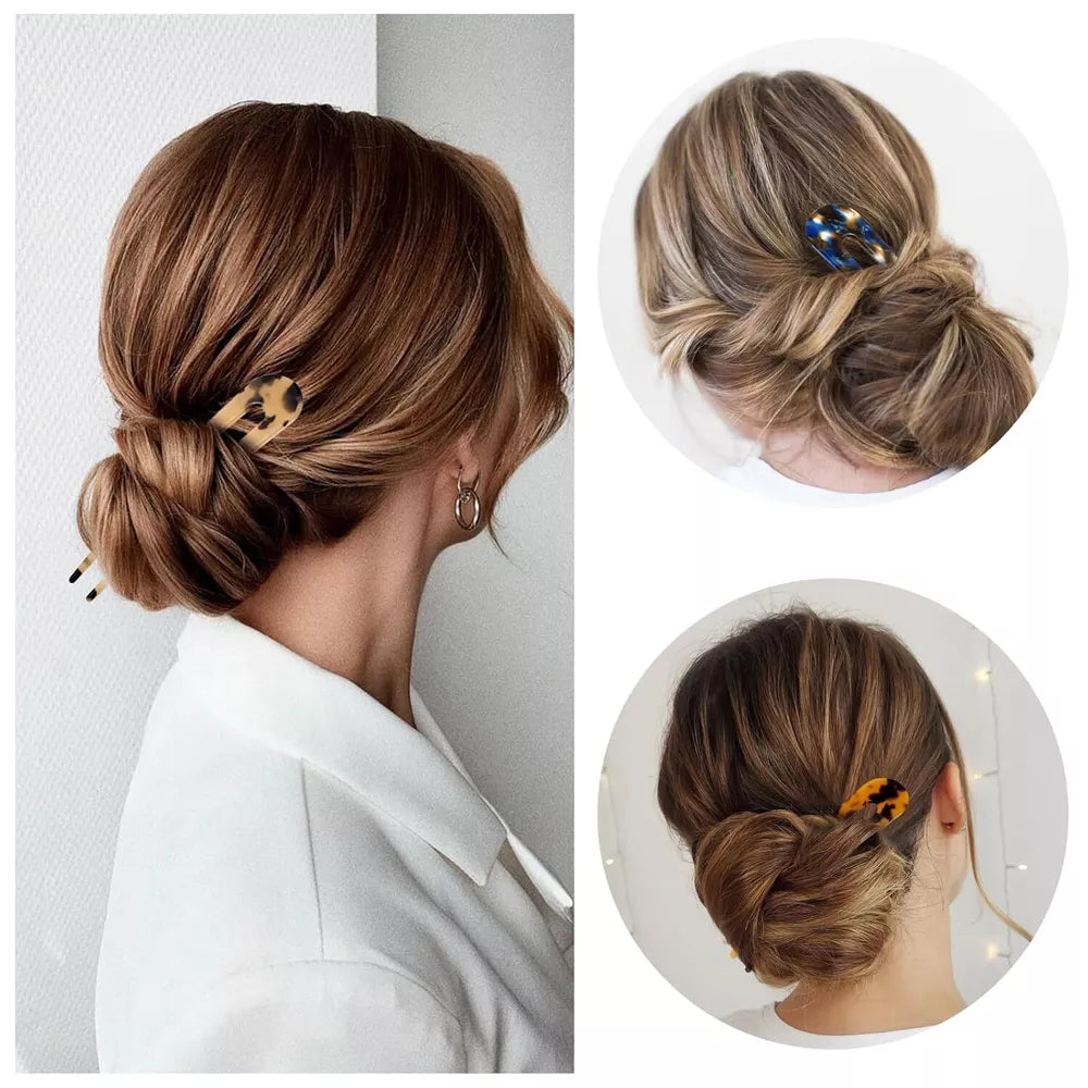 French Hair Pins 3 Pcs  Tortoise Shell U-Shaped Hair Forks, 4.3” Acetate Bun Holder for Elegant Updos, Durable & Lightweight for Weddings & Daily Wear