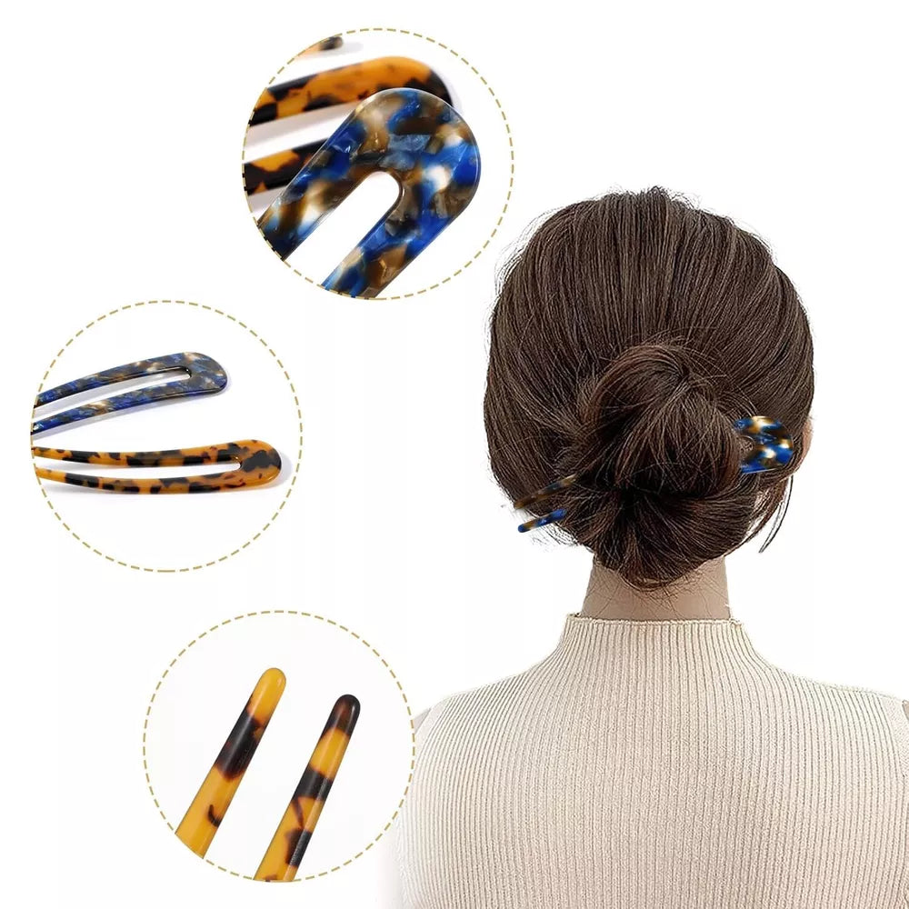 French Hair Pins 3 Pcs  Tortoise Shell U-Shaped Hair Forks, 4.3” Acetate Bun Holder for Elegant Updos, Durable & Lightweight for Weddings & Daily Wear