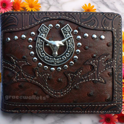 Mens Bifold Wallet with 10 Card Slots, ID Slot & Cash Pockets - Western Style, High-Quality Leather, Compact 4.5”x3.5” - Long Horn Design