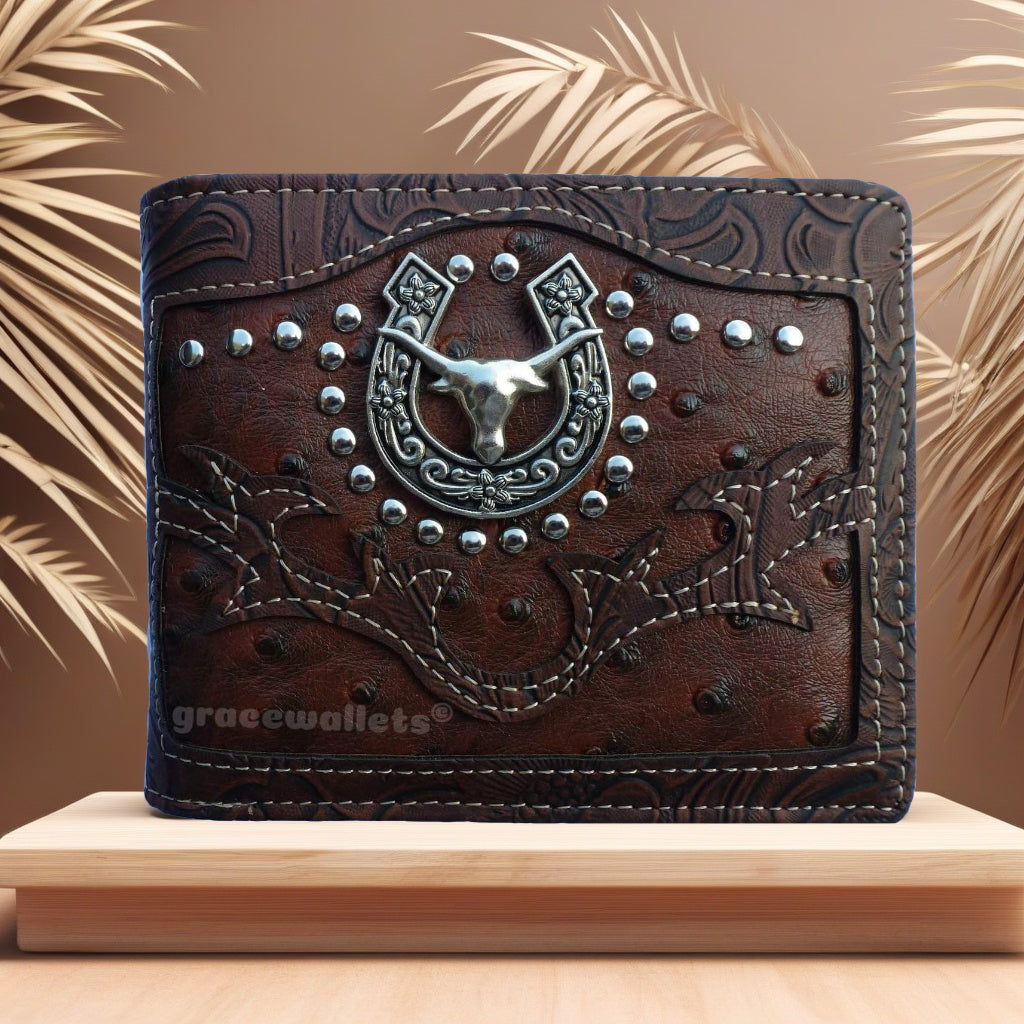 Mens Bifold Wallet with 10 Card Slots, ID Slot & Cash Pockets - Western Style, High-Quality Leather, Compact 4.5”x3.5” - Long Horn Design