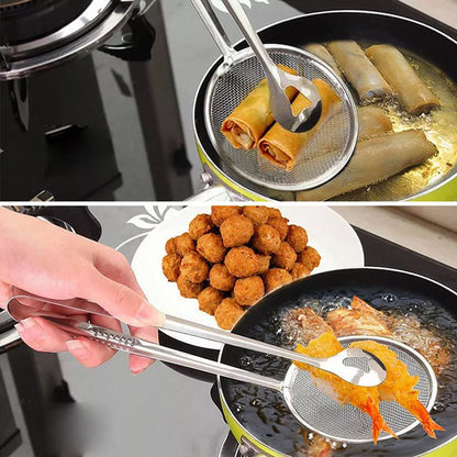 Stainless Steel Filter Clip - Oil Drain Tongs for Fried Food, BBQ, Salad & Cooking | One-Sided Filter, Hollow Design, Multi-Purpose Kitchen Tool 