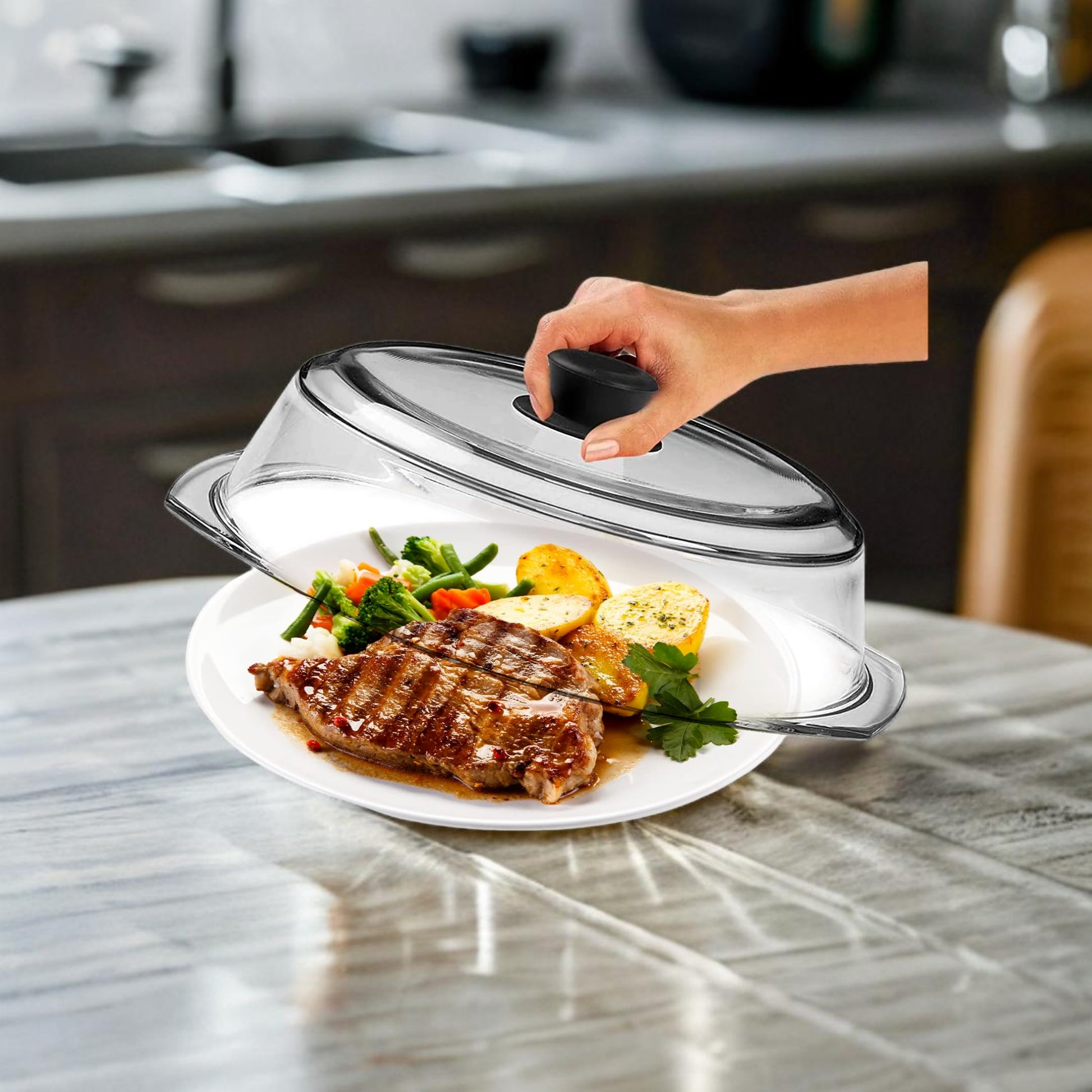 Microwave Glass Plate Cover – Splatter Guard with Venting Hole, BPA-Free, Heat-Resistant, Easy Grip Handle for Safe & Even Heating, Dishwasher Safe!