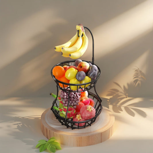 2-Tier Fruit Basket with Banana Hanger – Stackable Metal Fruit Bowl for Kitchen Counter, Vegetable Storage Organizer, Plastic Decor Room Hangable