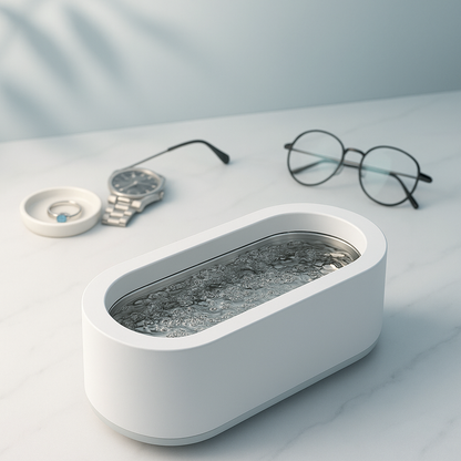 Ultrasonic Cleaner for Jewelry & Glasses – Battery Powered, Quick 5-Minute Clean for Glass & Jewelry, White Plastic Cleaner, Portable & Efficient