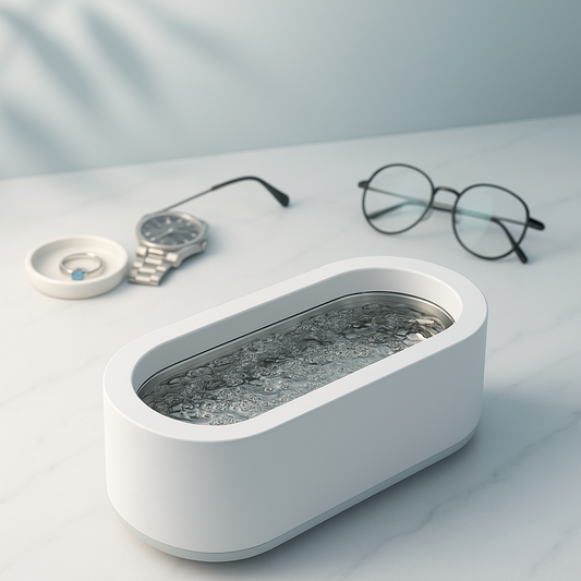 Ultrasonic Cleaner for Jewelry & Glasses – Battery Powered, Quick 5-Minute Clean for Glass & Jewelry, White Plastic Cleaner, Portable & Efficient