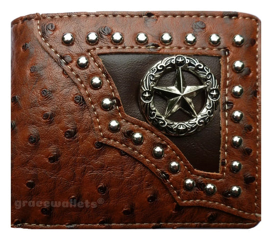 Star Men Wallet Western Bifold Check Book W012-01 Ostrich Brown