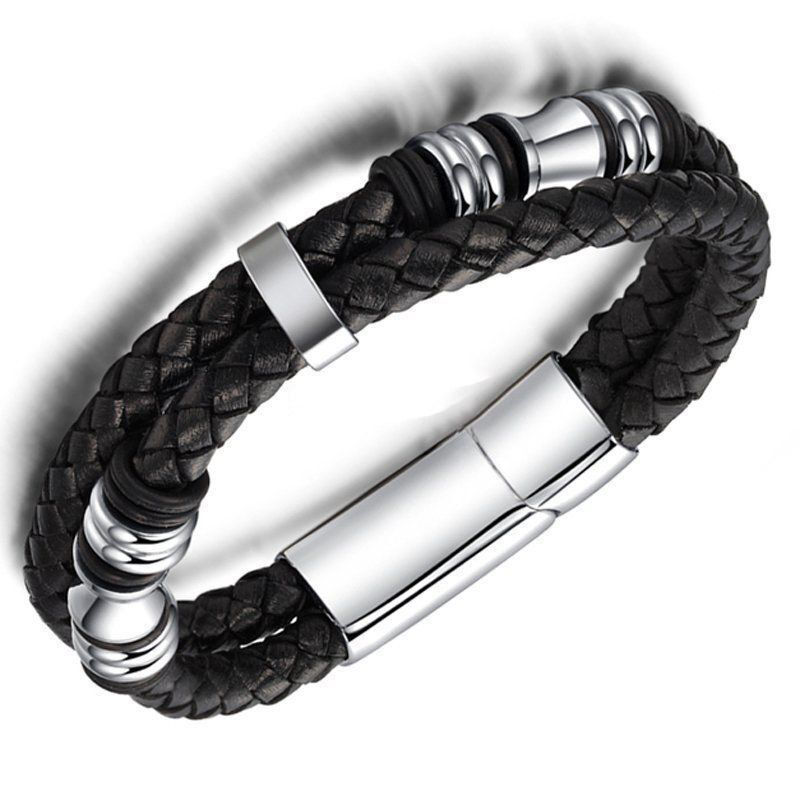 Men's Black Leather Braided Bracelet - Stainless Steel Cuff, Trendy Wristband for Everyday Style - Perfect Gift for Him, Modern & Durable Design