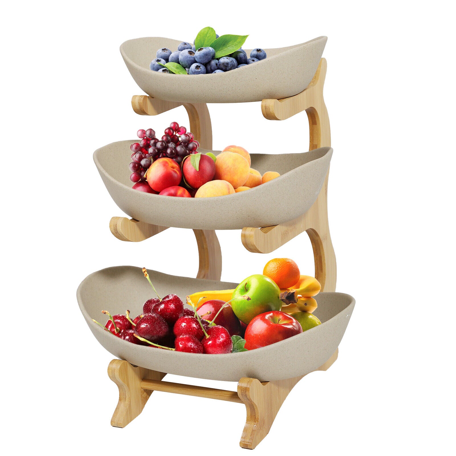 3-Tier Fruit Tray Storage Rack – Bamboo & Ceramic Stand for Snacks, Candy, Sushi – Elegant Display for Home, Parties, Weddings & More (White/Brown)