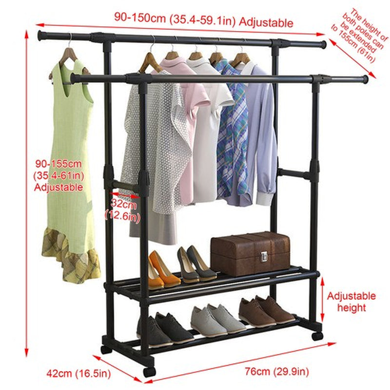 Heavy Duty Clothing Garment Rack Rolling Clothes Organizer Double Rails Hanging