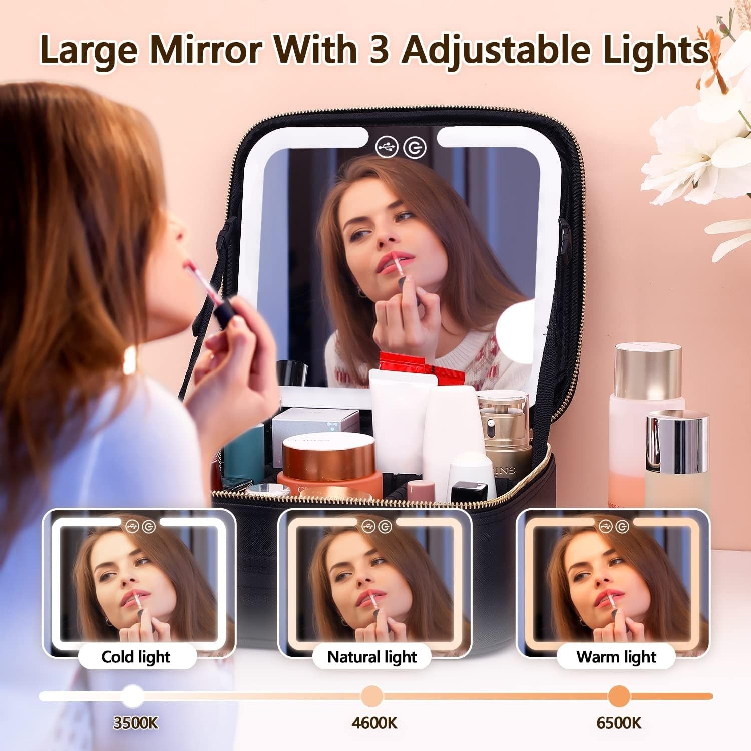 Travel Makeup Bag with LED Lighted Makeup Case with Mirror 3 Color Setting