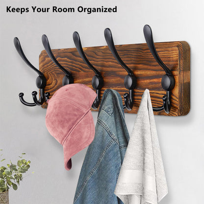 Brown Coat Rack Wall Mount Hat Rack 5 Hooks Pine Wood Plank for Clothes Hats Key