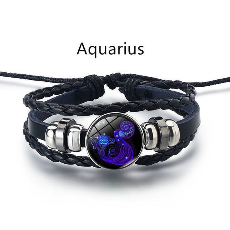 Leather Bracelet Bangle for Men Woman with Signs of the Zodiac Astrology Luminou