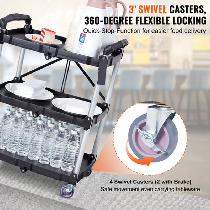 VEVOR Foldable Utility Service Cart 3 Shelf 165LBS with Swivel Lockable Wheels