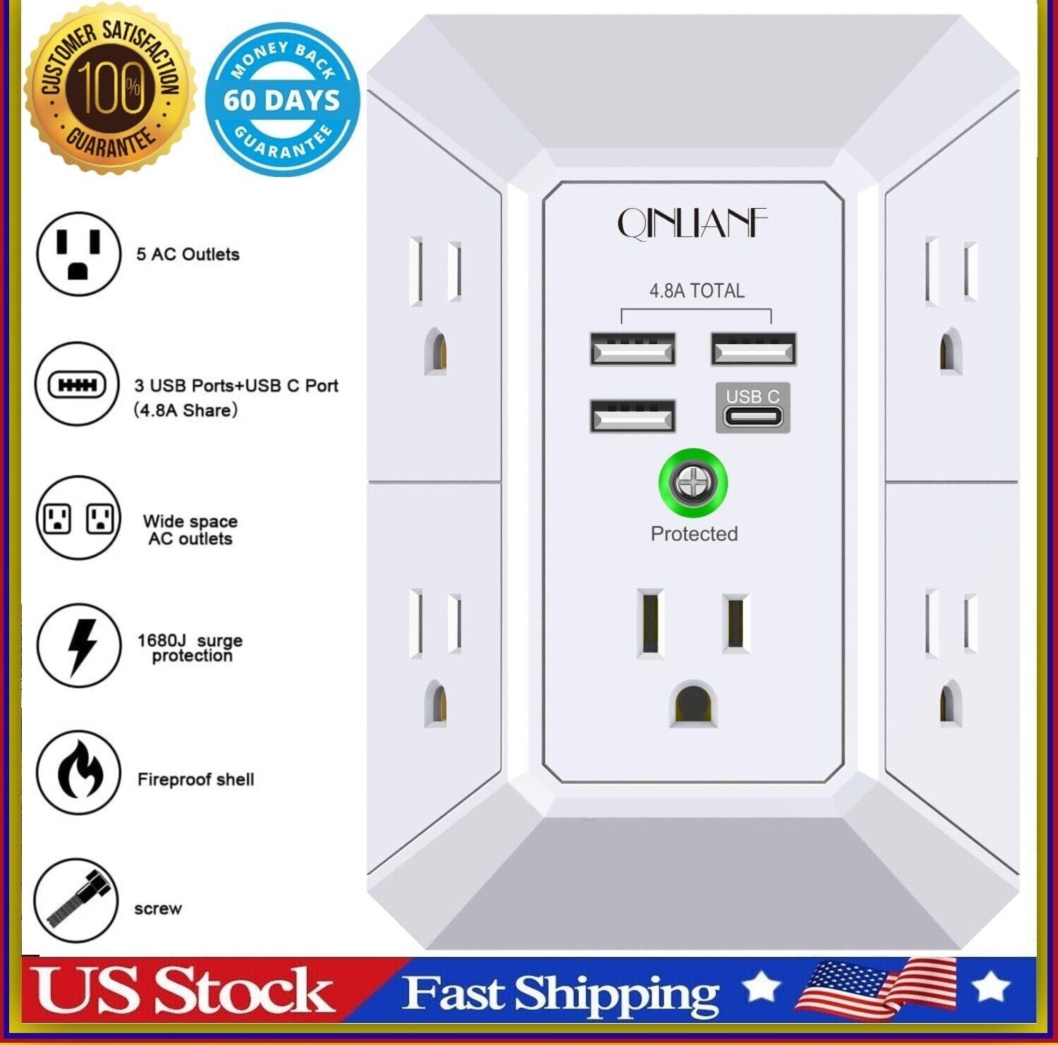  (5) Plugs, Type c, USB  Wall Outlet with Surge Protection-5 Sockets with Fast Smart Charging for Iphone Android Samsung Apple Home Office Universal