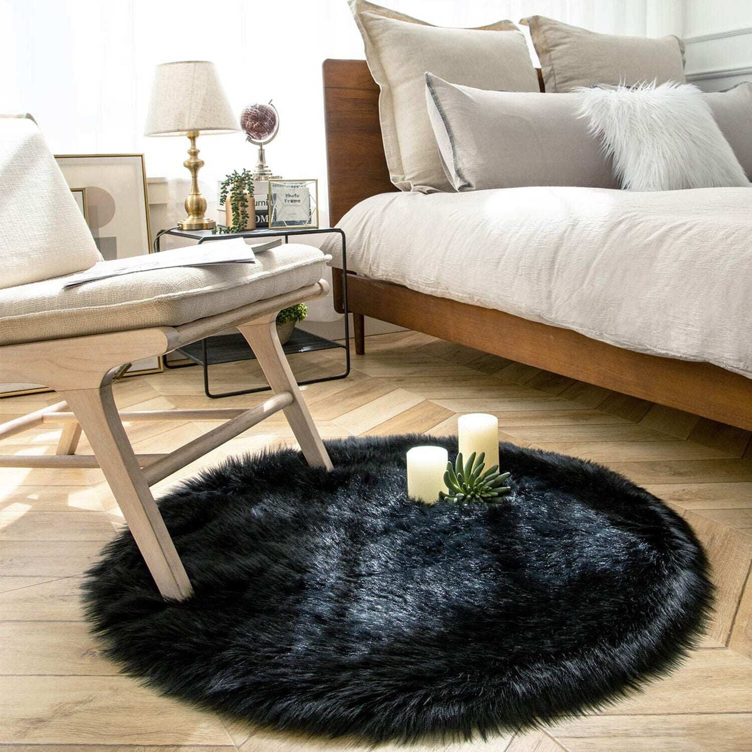 Faux Fur Sheepskin Fluffy Area Rugs round Shaggy Carpet for Bedroom Living Room