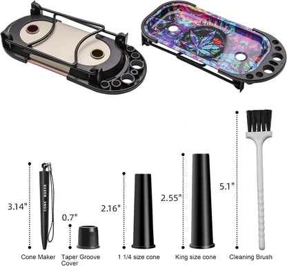 Foldable Metal Rolling Tray Cone Loader - Includes King & 1 1/4 Size Cone Funnel, Cone Maker, Converter & Brush for Easy, Perfect Pre-Roll Cones 