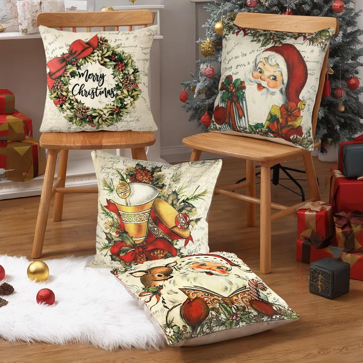 Vintage Christmas Santa Pillow Case Set Santa Reindeer Wreath Pillow Covers 4PCS 18X18''