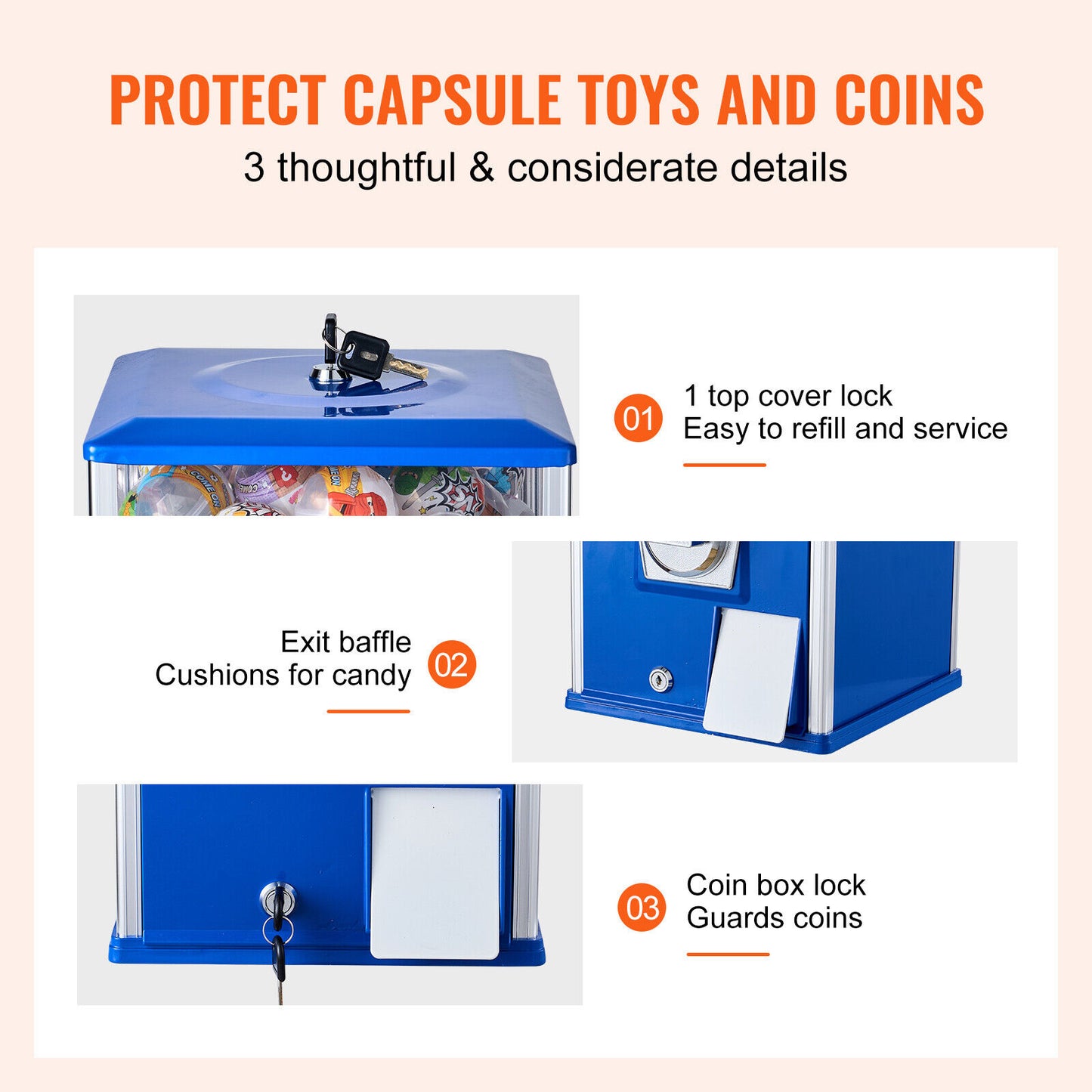 Gumball Machine 24L Large Capacity - Coin Operated Vending Machine for 1.77"-2.3" Capsule Toys, Bouncy Balls, Bubble Gum - Sturdy Metal Base, Lockable