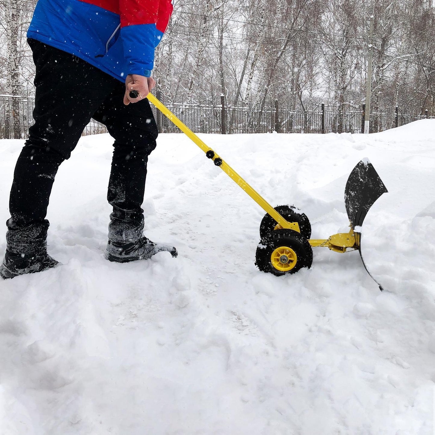 Snow Shovel with Wheels | Heavy Duty Rolling Adjustable Snow Pusher for Easy Snow Removal | Durable, High Capacity, Back-Friendly Design