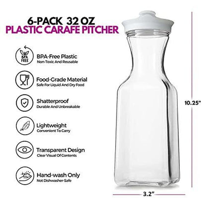 Juice Container Plastic Water Pitcher with Lid 6Pack 32 Oz Carafe Pitchers for Drinks Milk 