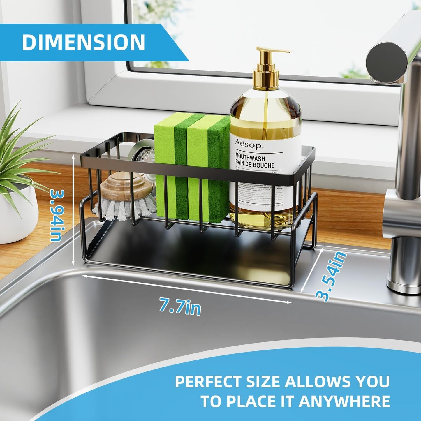 Kitchen Sink Organizer with Self-Drain System - Rustproof Stainless Steel Sponge Holder for Detergent, Brushes & Sponges, No Installation