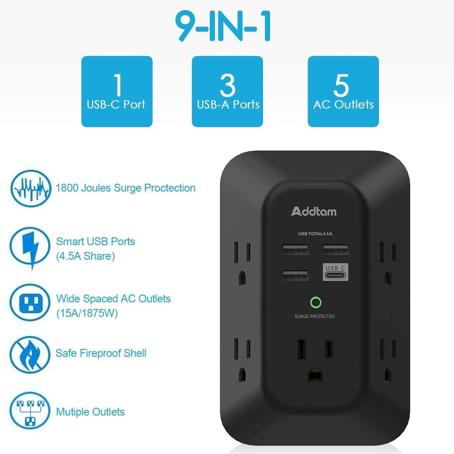 USB Wall Charger Surge Protector - 5 Outlet Extender with 4 USB Charging Ports