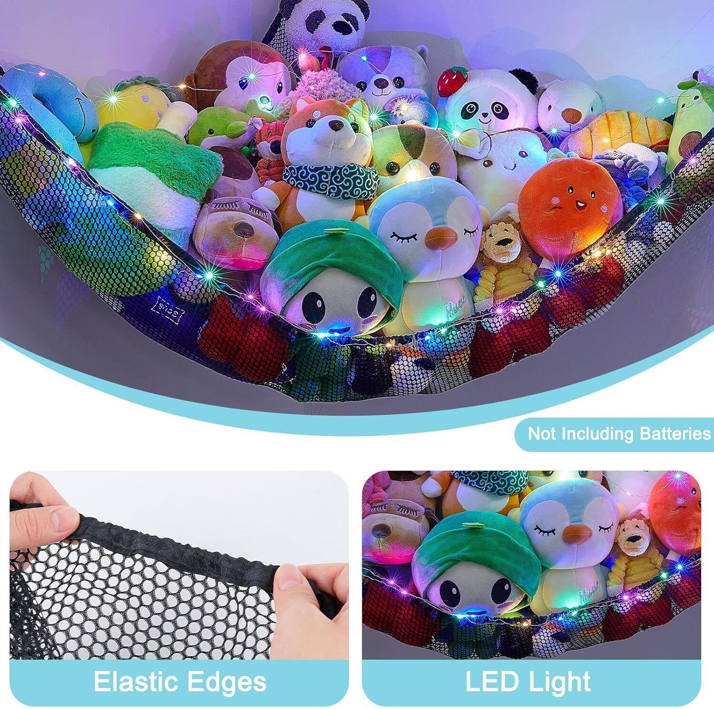 LED Light Hanging Stuffed Animals Organizer, Hammock with LED Lights – Large Corner Toy Net Storage Organizer for Kids Room, Nursery, Playroom 
