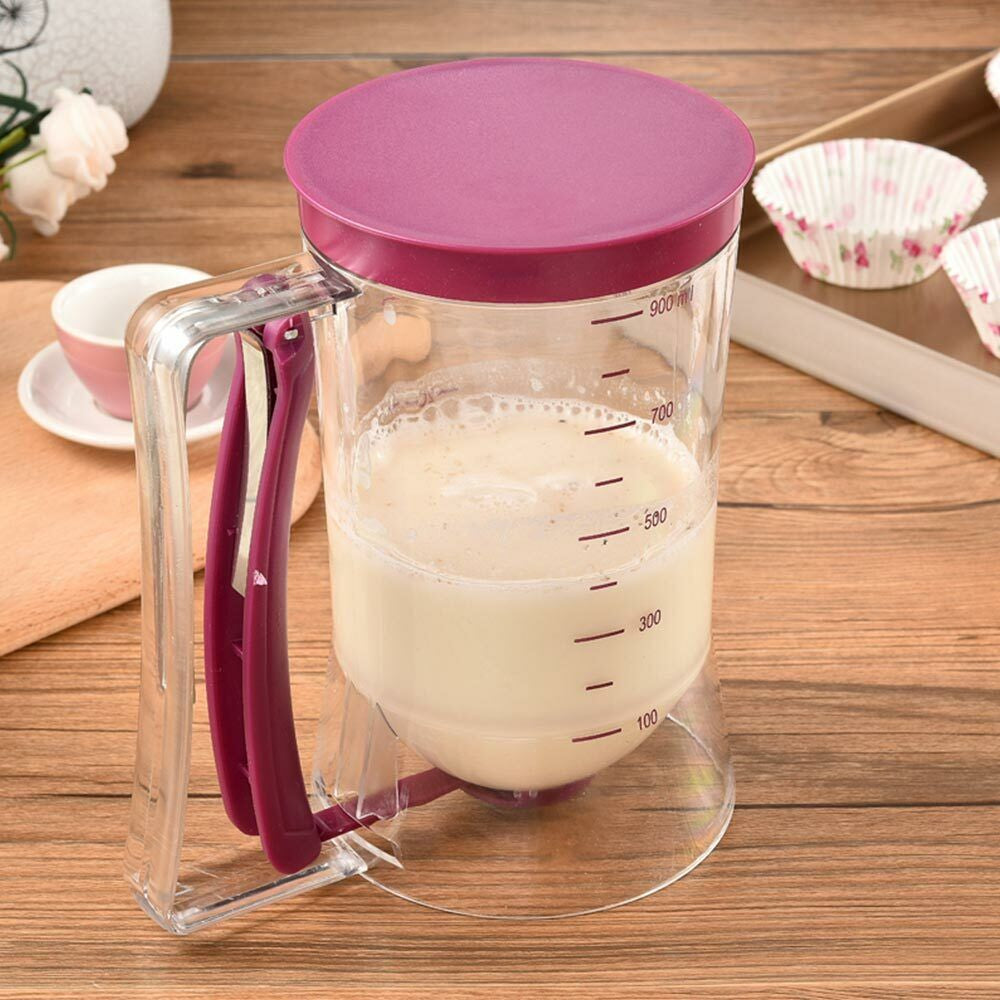 Pancake Batter Dispenser with Measuring Label (900mL) – 4 Cup Cupcake & Muffin Squeeze Bottle w/ Handle, Silicone Brush & Spatula | No Mess, Easy Baking