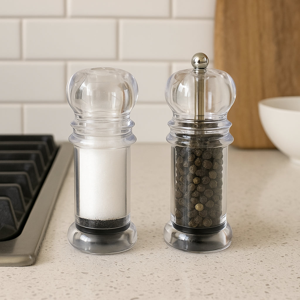 Salt Shaker & Pepper Mill Set Promotional Priced Acrylic Clear Plastic
