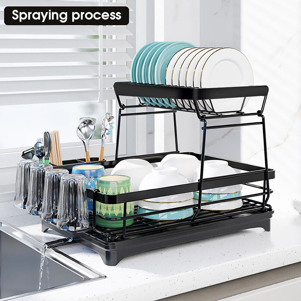 Dish Drying Rack 2-Tier Kitchen Organizer | Space-Saving Drying Rack w/ Drainboard, Rotatable Drain Tray, Utensil Holder, Rustproof & Easy Install