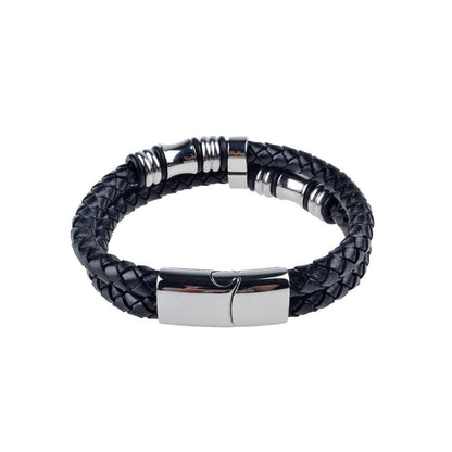 Men's Black Leather Braided Bracelet - Stainless Steel Cuff, Trendy Wristband for Everyday Style - Perfect Gift for Him, Modern & Durable Design