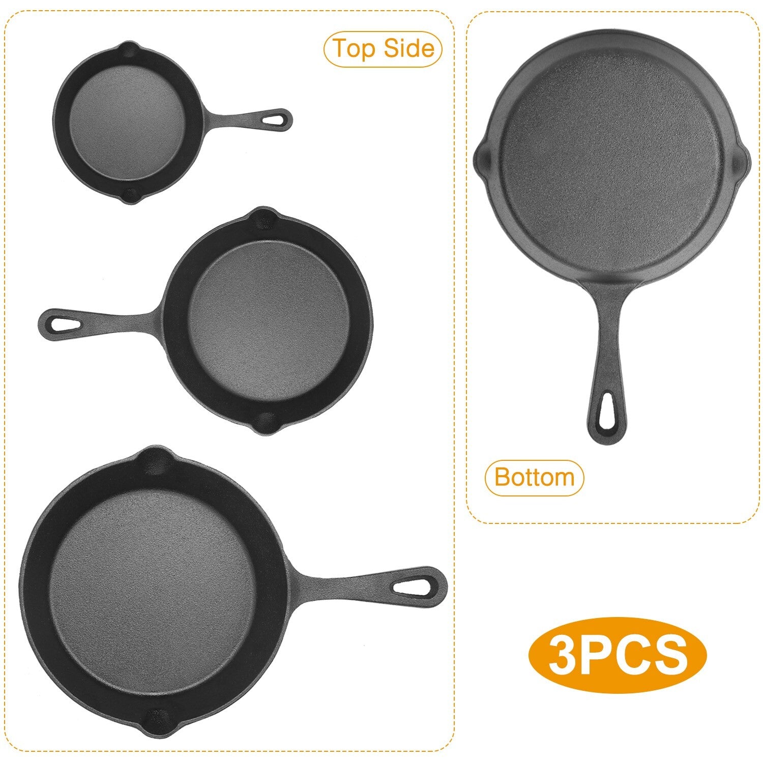 3PCS Cast Iron Skillet Set 6" 8" 10" Heavy Duty Pre-Seasoned Frying Pan Cookware
