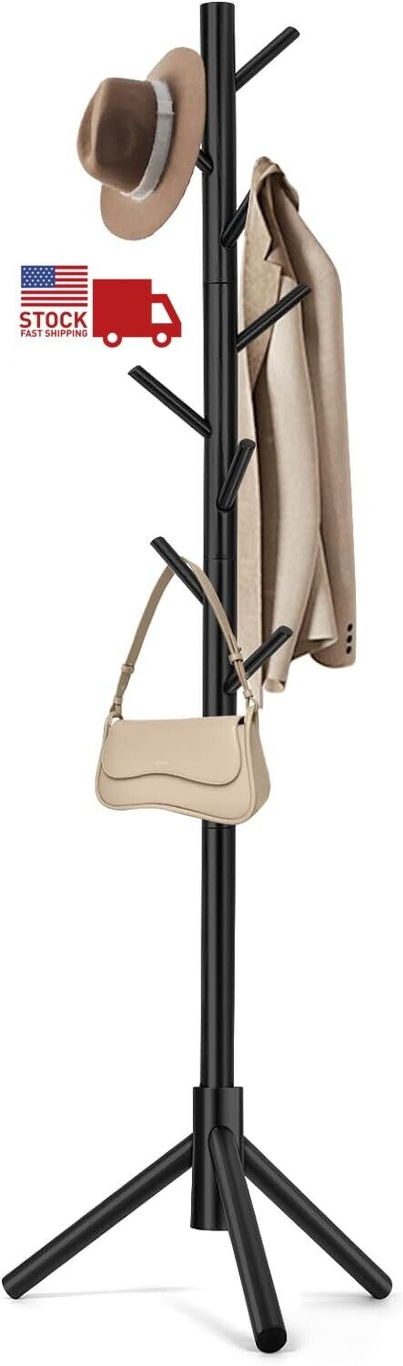 Modern Multifunctional Coat Hanger, Wooden Coat Rack Stand with Adjustable Height, 8 Hooks for Hats & Scarves - Space-Saving Entryway Organizer Sturdy