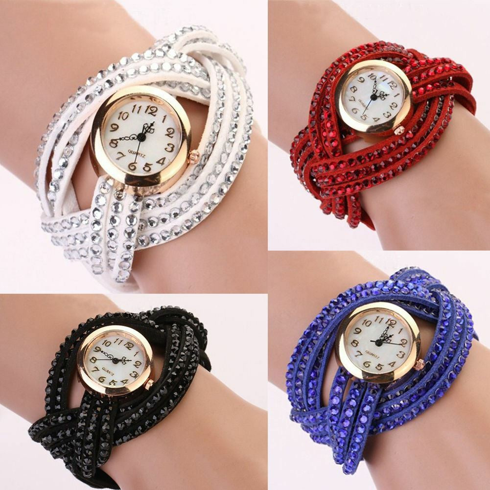 New Fashion Women Crystal Multilayer Leather Bracelet Quartz Analog Wrist Watch