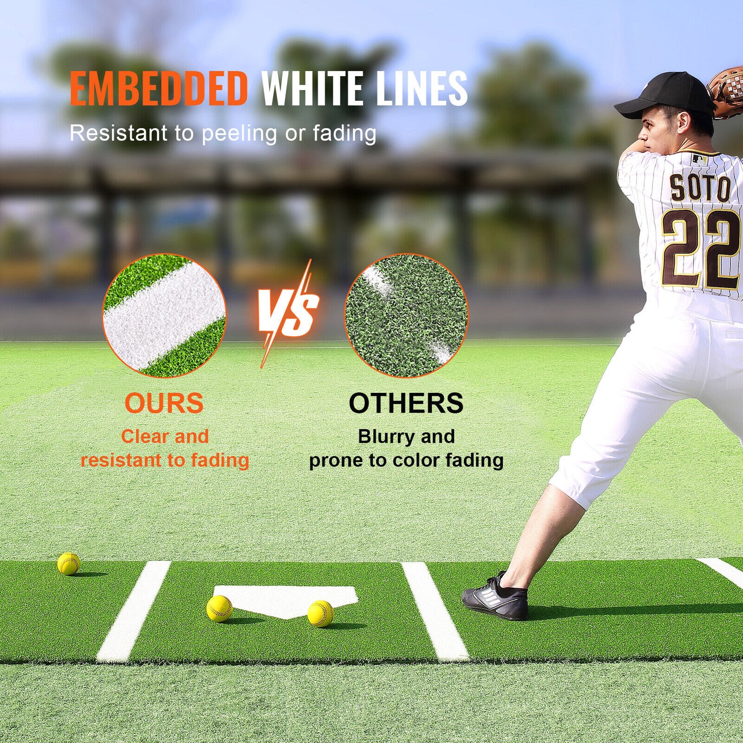 Baseball Softball Hitting Mat 10x3.8FT – Non-Slip Batting Mat w/Stride Lines, Thick Foam Backing, Durable Turf, Easy to Store – Perfect for Training !