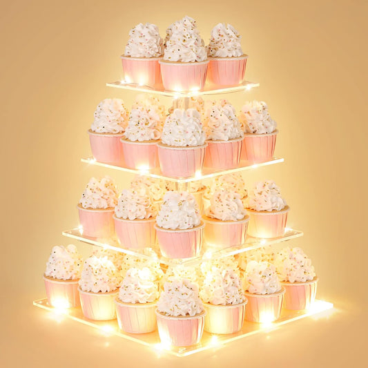 4 Tier Cupcake Stand with LED String Light, Acrylic Cupcake Display Stand, Squar