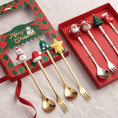 Christmas Themed Cutlery Set 6PCS Christmas Gift Glod Spoon Fork Set Elk Christmas Tree