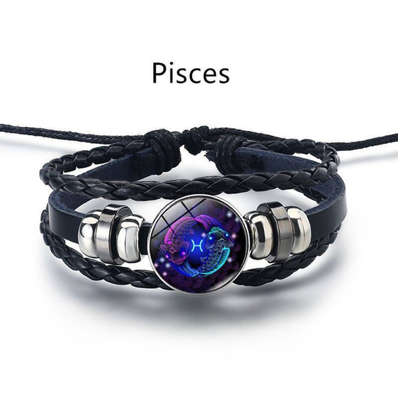 Leather Bracelet Bangle for Men Woman with Signs of the Zodiac Astrology Luminou