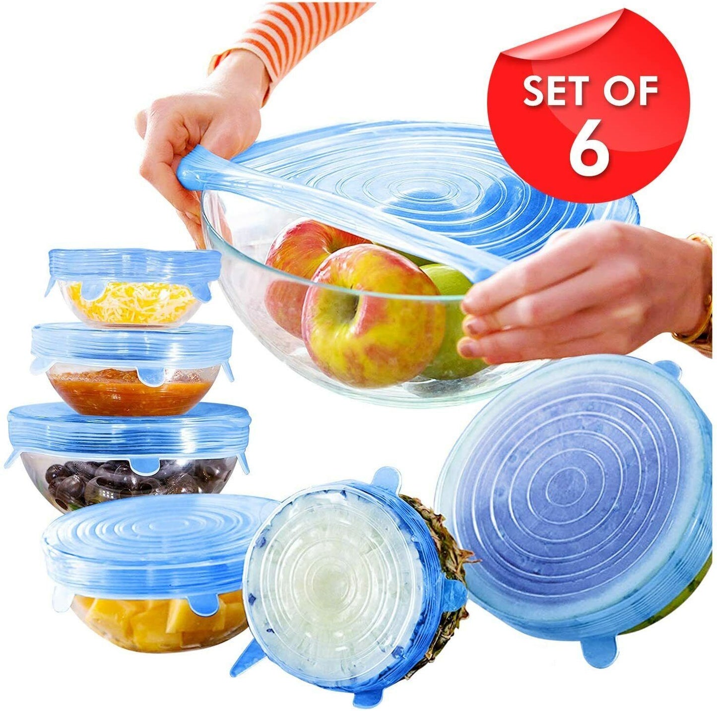 6Pcs Stretch Silicone Lids Bowl Reusable Kitchen Food Storage Wrap Sealing Cover